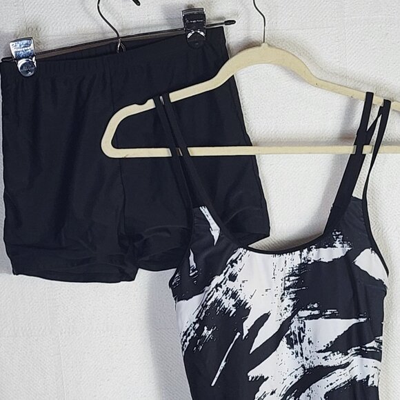 Rotita Black White Graffiti Print Poly Elastane Double Adj Straps Tankini Set SM - Picture 2 of 16